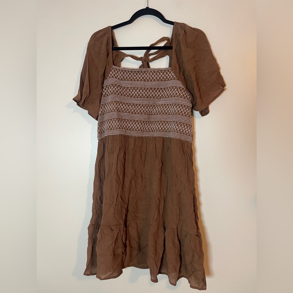 Perch Dress Womens Size 1XL Brown Peasant Cottagecore Ruffled Short Sleeve